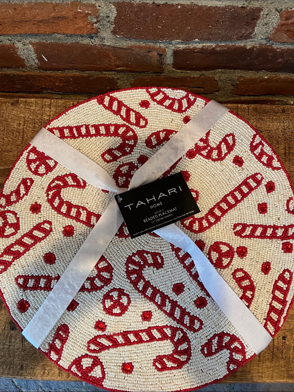 Tahari Red & White Beaded Candy Cane Holiday Placemat